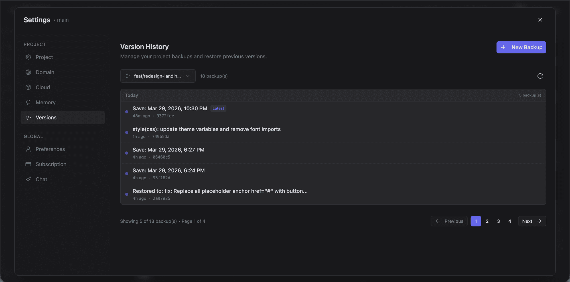 Version history with backups and restore points