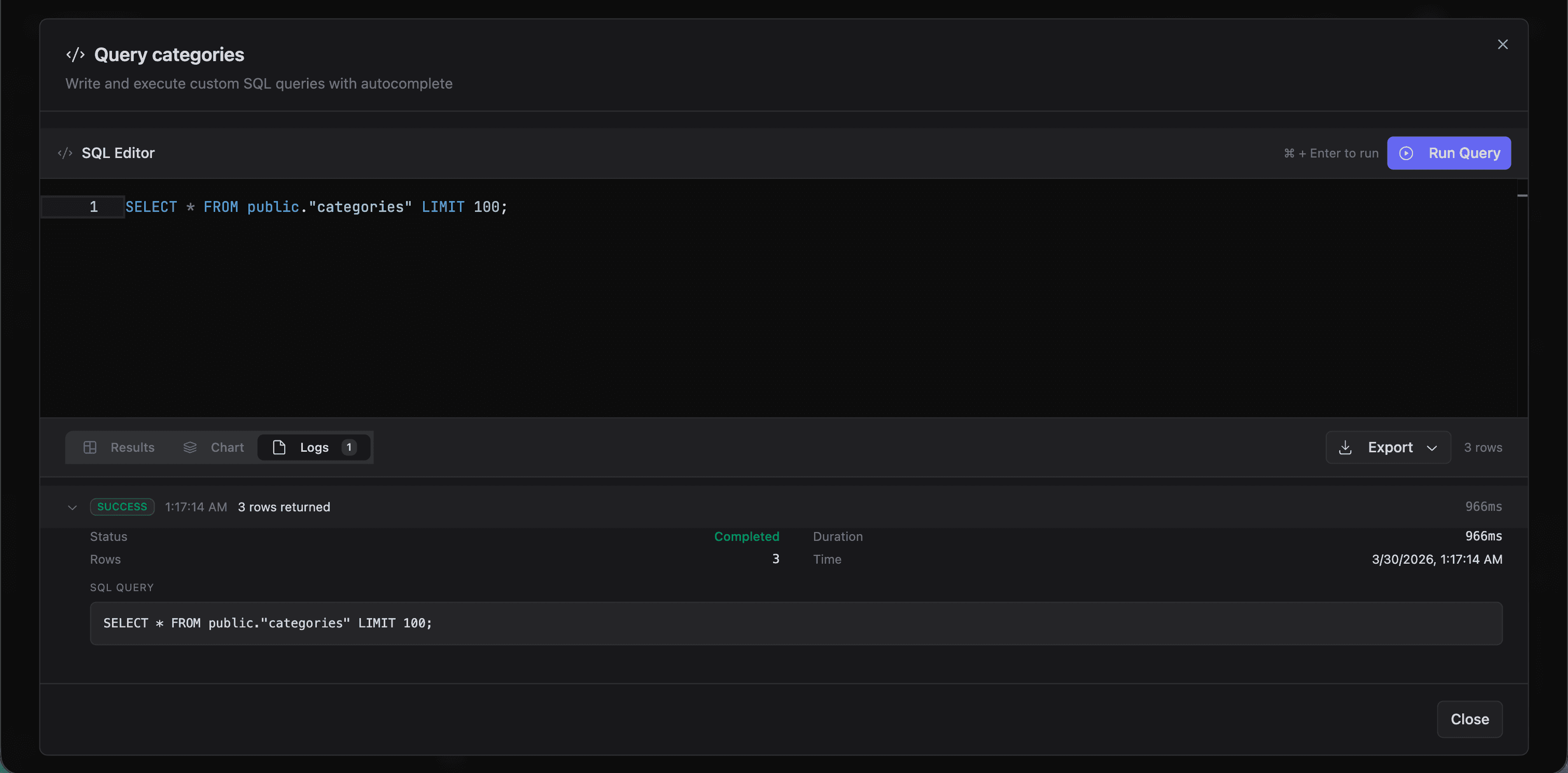 SQL Editor Logs tab showing query status, rows returned, duration, and timestamp