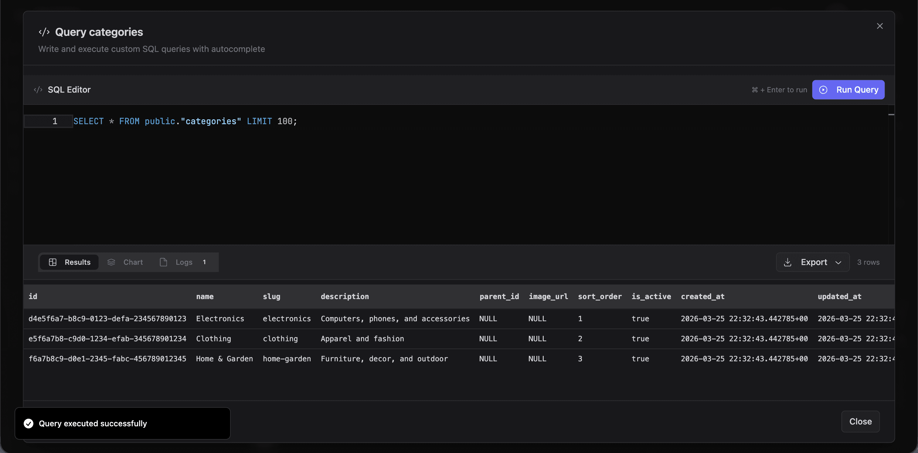 SQL Editor with query results showing rows, columns, and export option