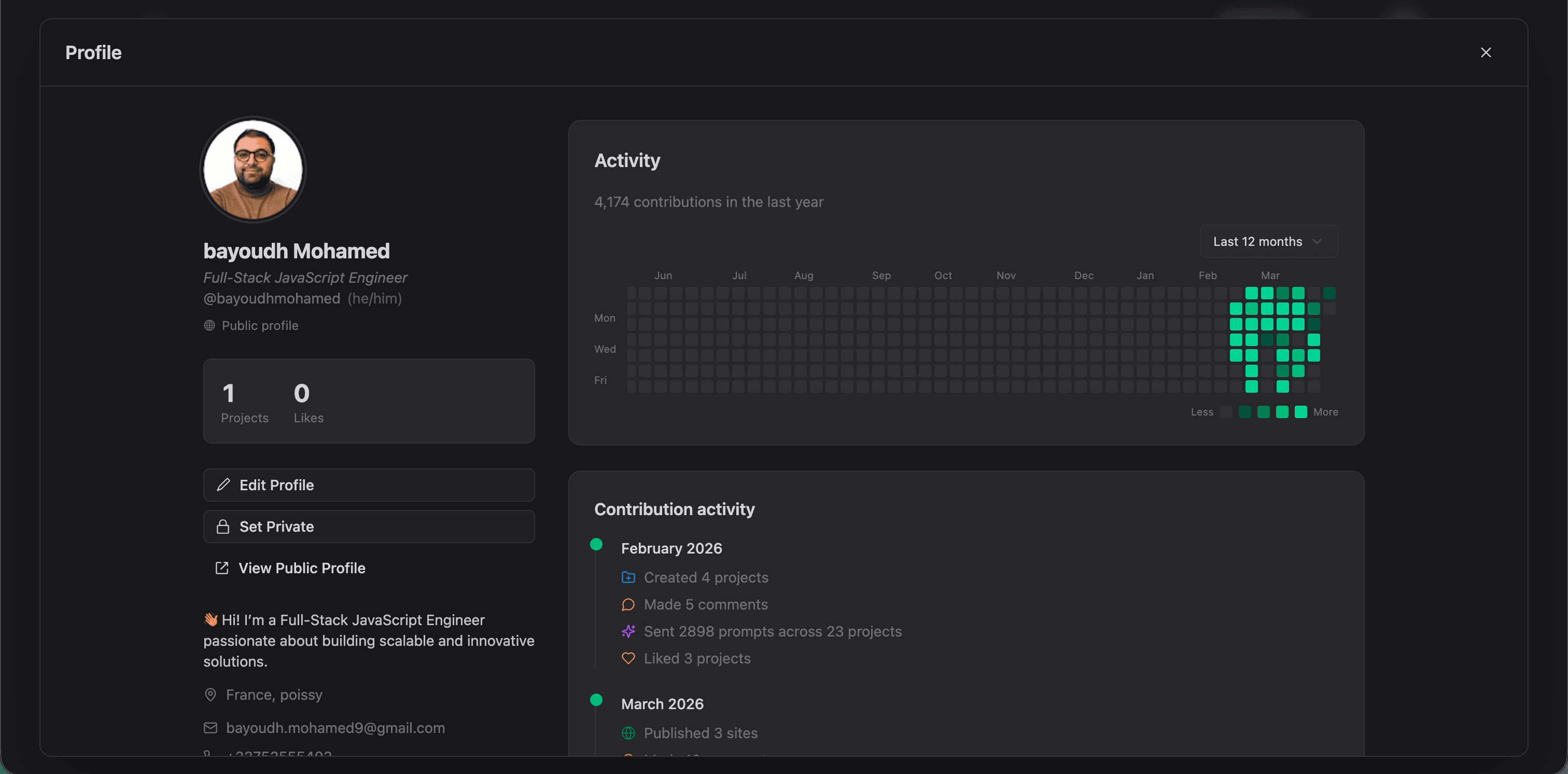User Profile showing avatar, bio, activity heatmap, and contribution history