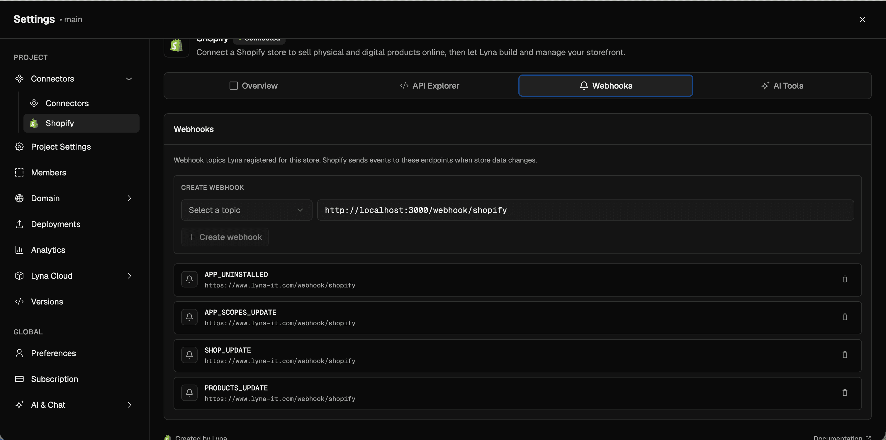Webhooks tab with create form and subscription list