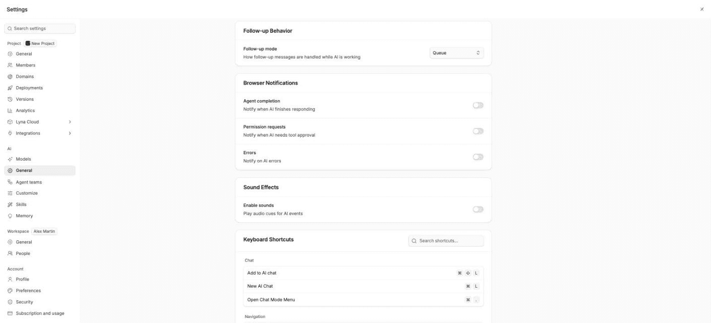Settings open on AI > General with the Browser Notifications and Sound Effects settings.