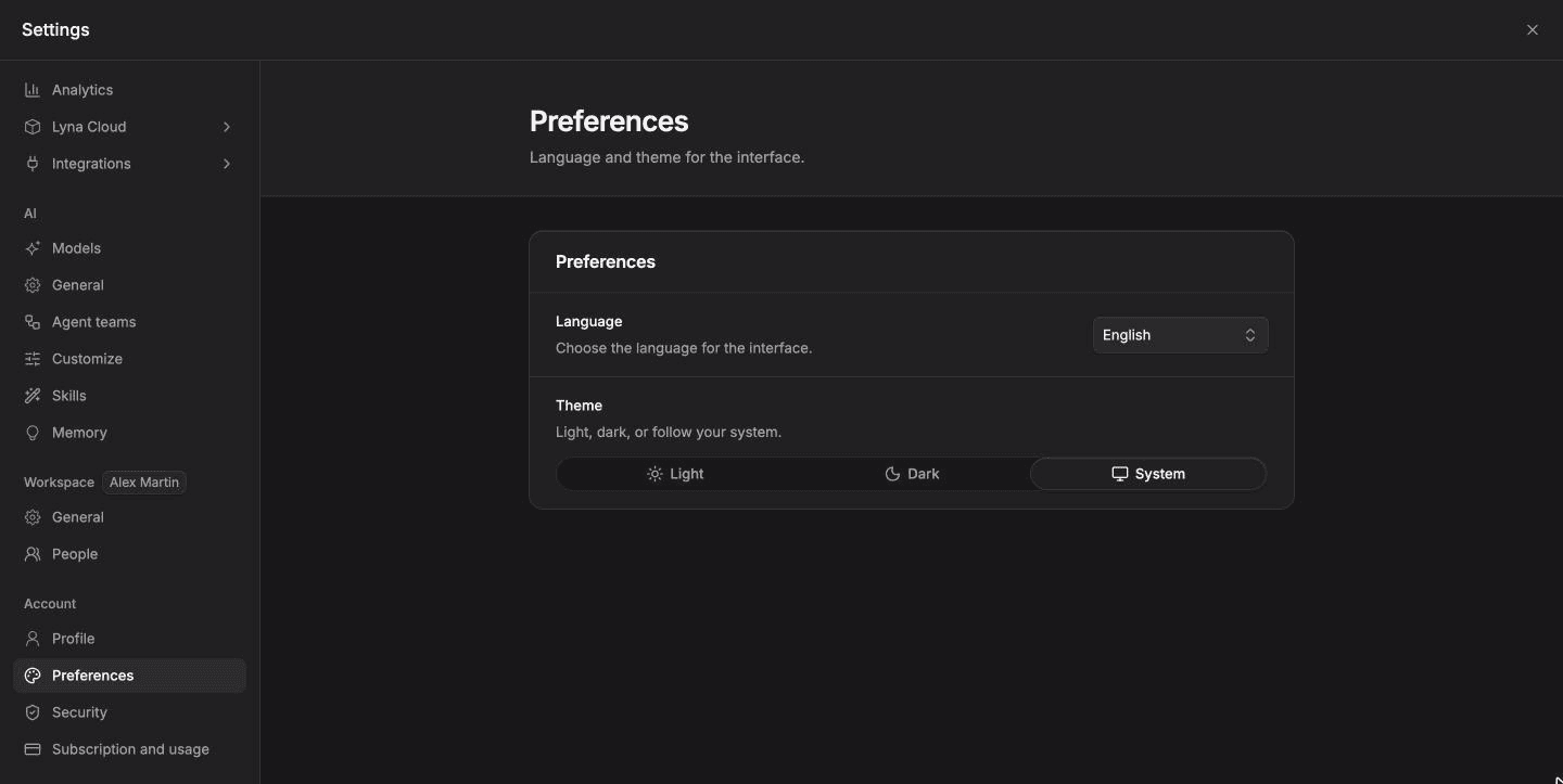 Settings open on Account > Preferences with the Language menu and the Light, Dark and System theme choices.