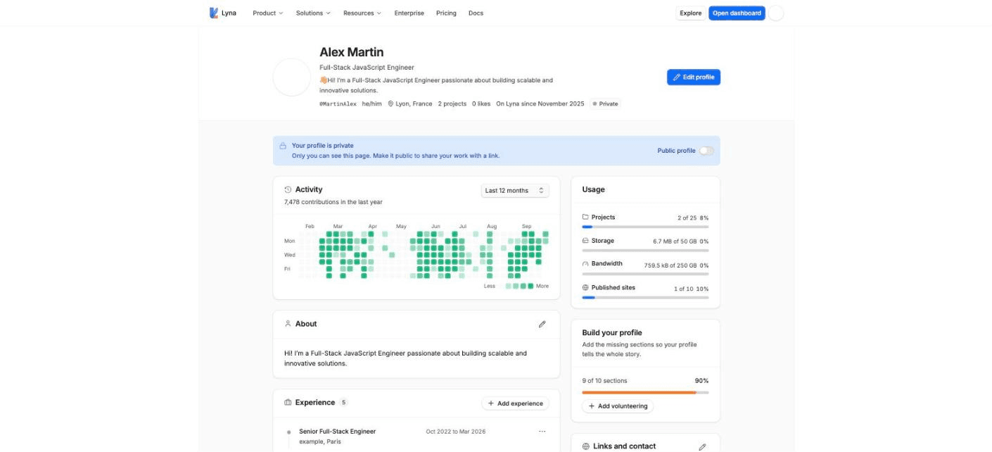 The profile page with the header, the Build your profile checklist and the About and Experience sections.