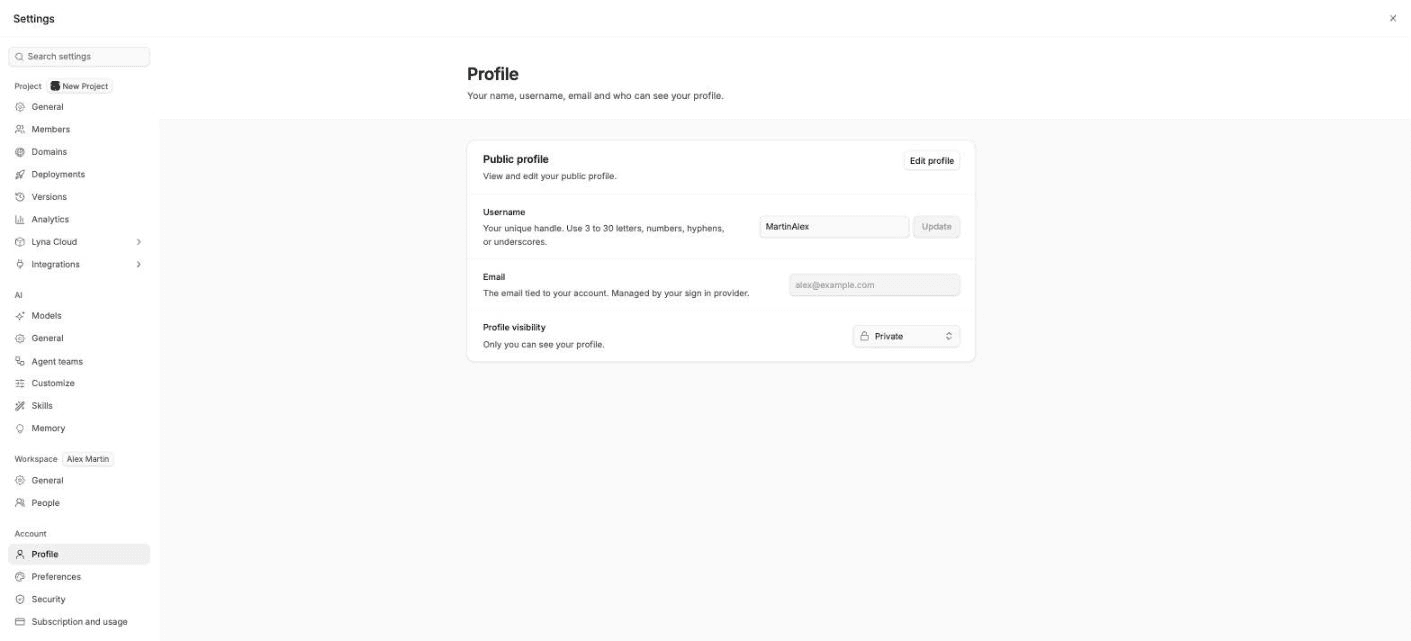 Settings open on Account > Profile with the username, the email and the Public and Private visibility choices.