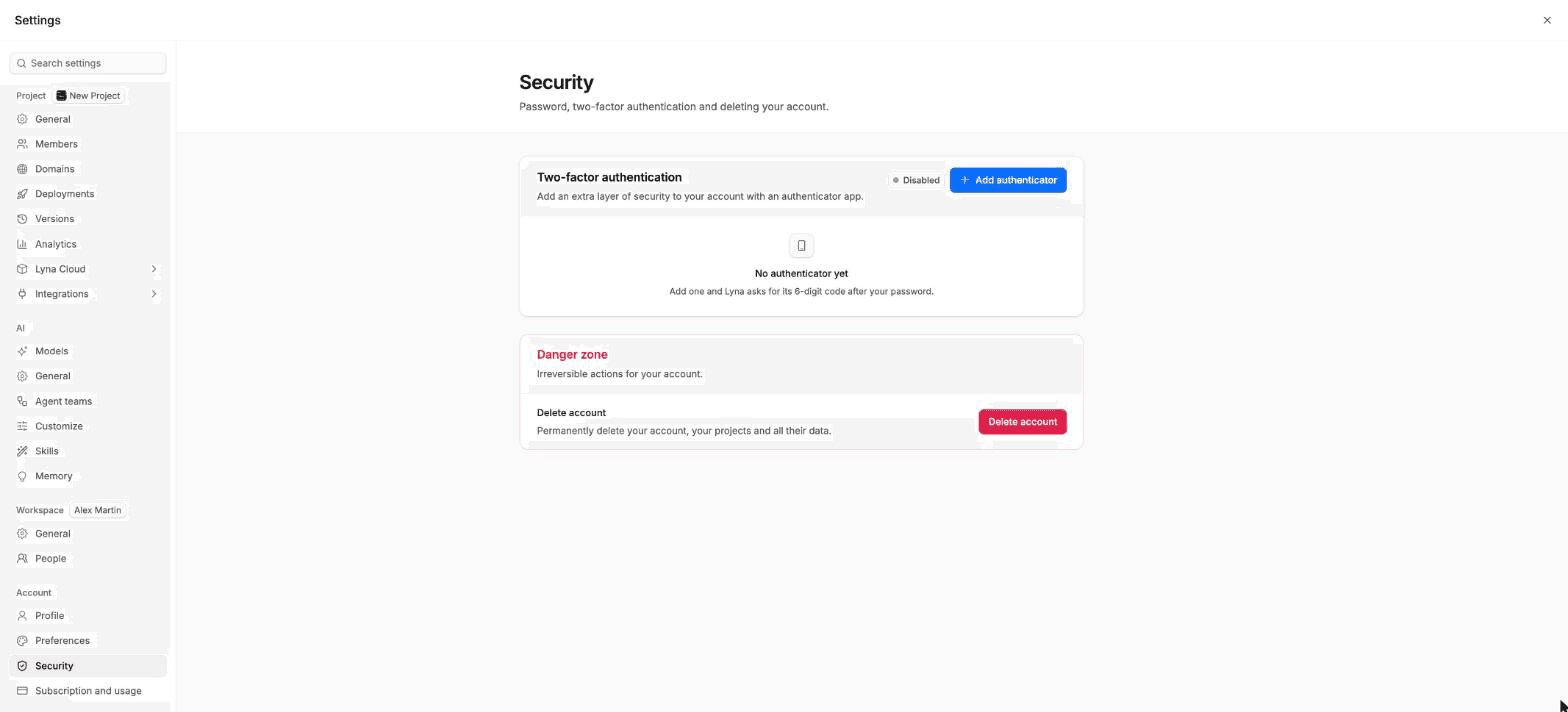 Settings open on Account > Security with the Password card, the Two-factor authentication card and the Danger zone.