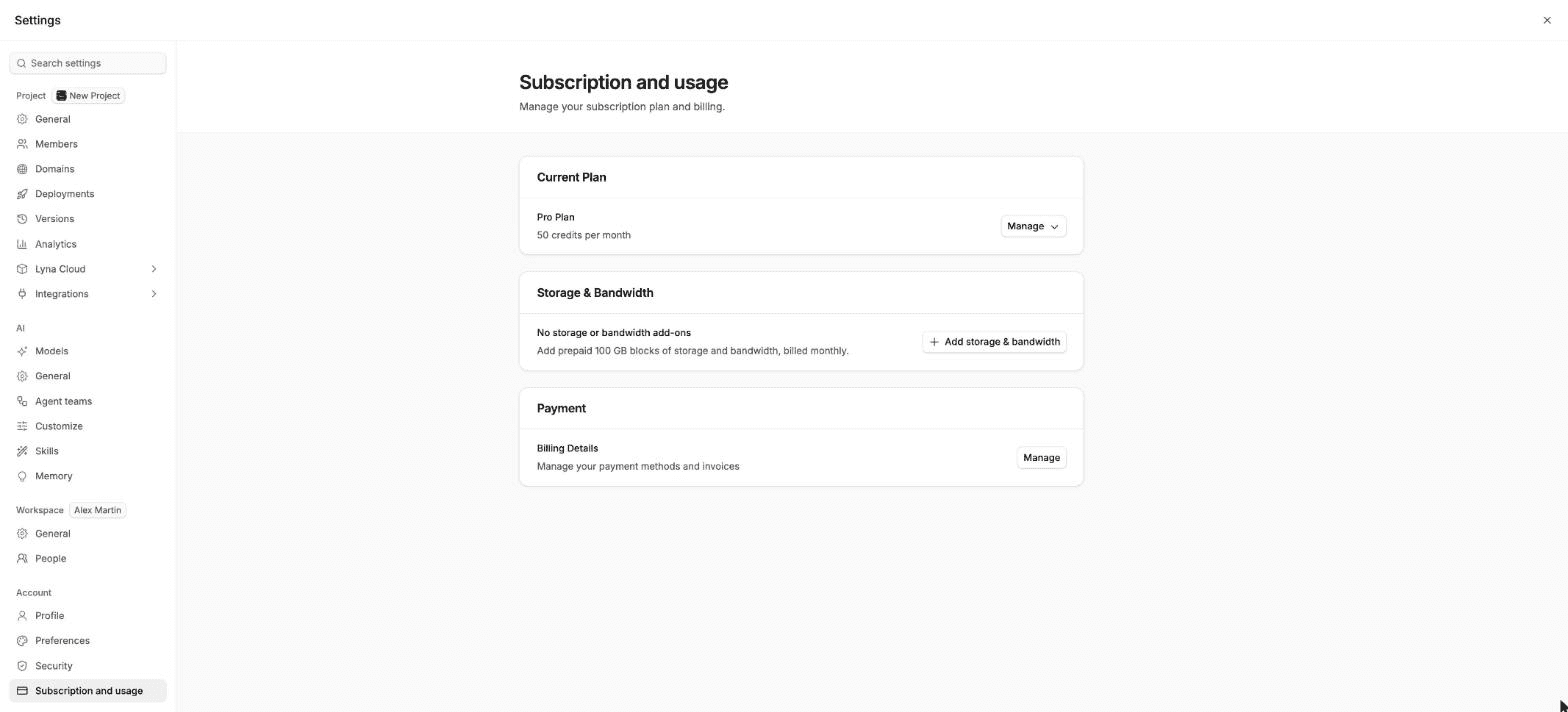 Settings open on Account > Subscription and usage with the current plan, the Storage & Bandwidth section and the Payment section.