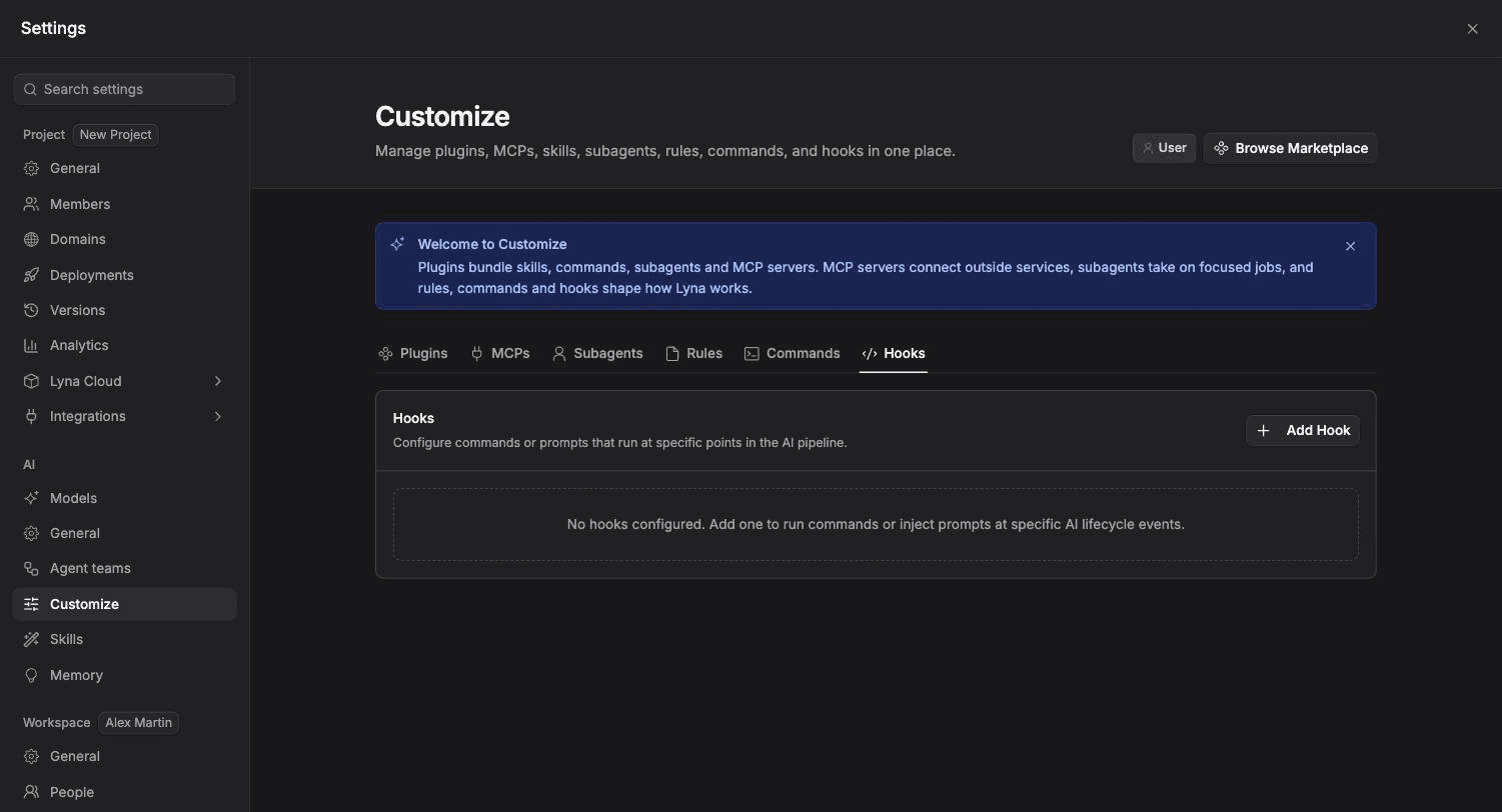 Settings open on Customize, Hooks chip, with hooks grouped by event.