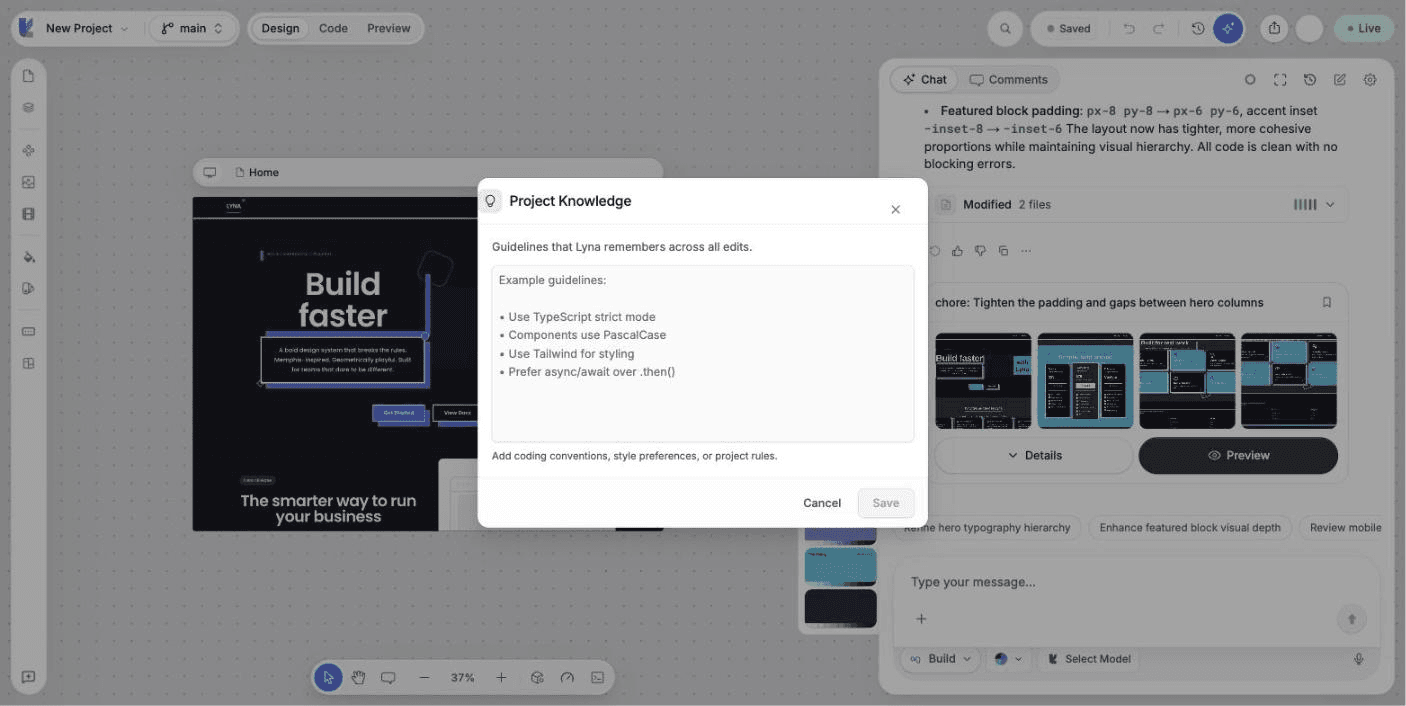 The Project Knowledge window with example guidelines.