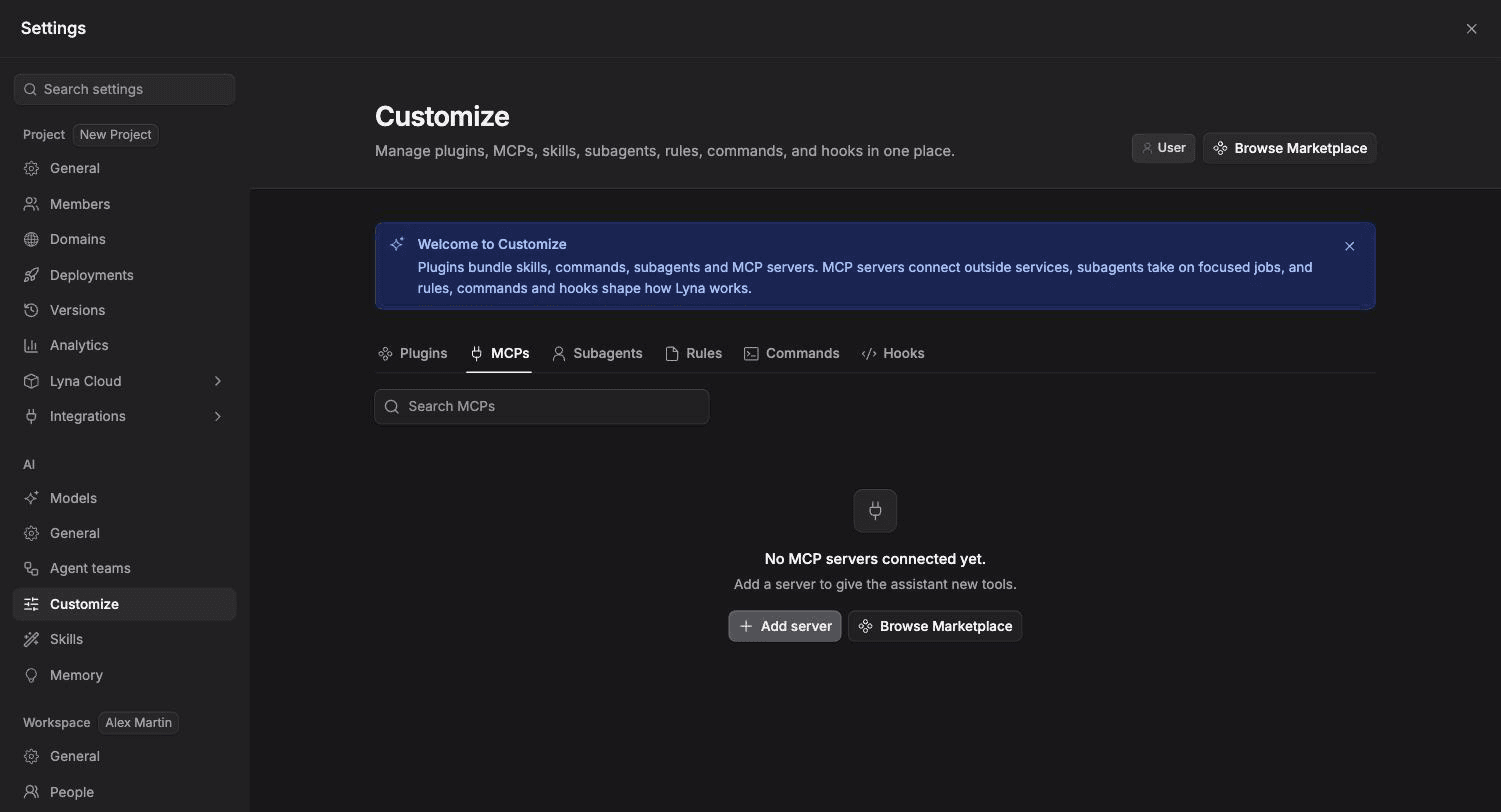 Settings open on Customize, MCPs chip, with connected servers and their status.