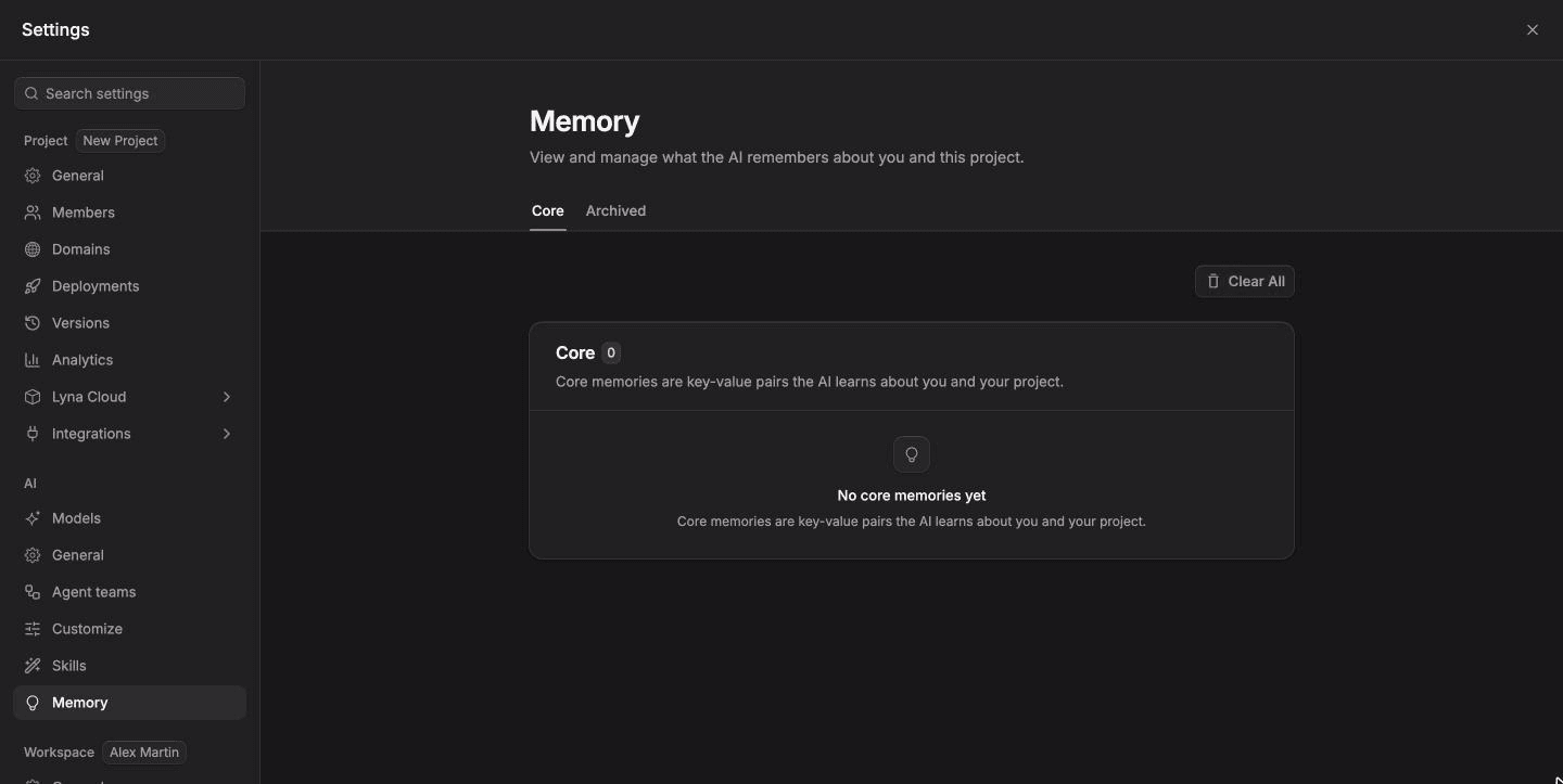 Settings open on AI Memory with the Core tab and a list of memories.
