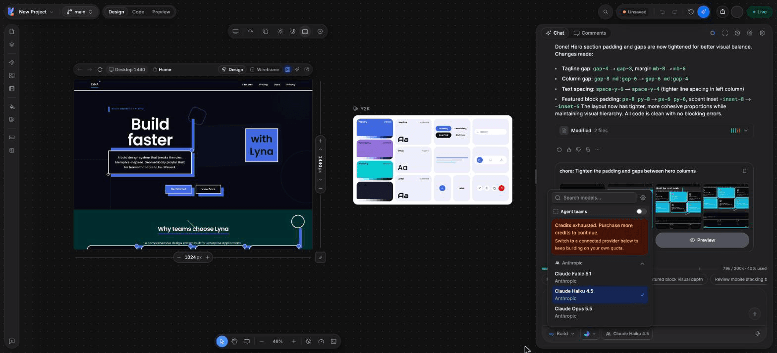 The model picker open with the Lyna models, the Claude models and the search box.