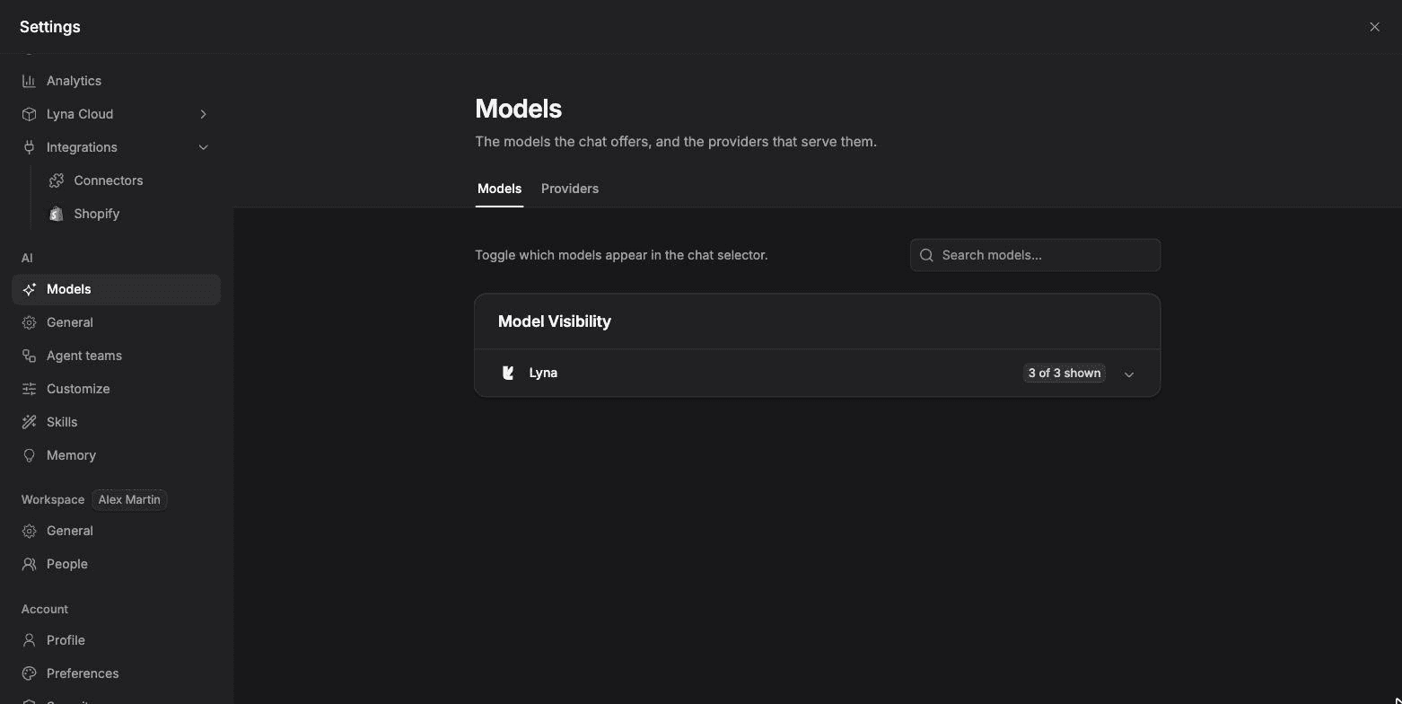 Settings open on AI > Models with the models list and the Providers tab.