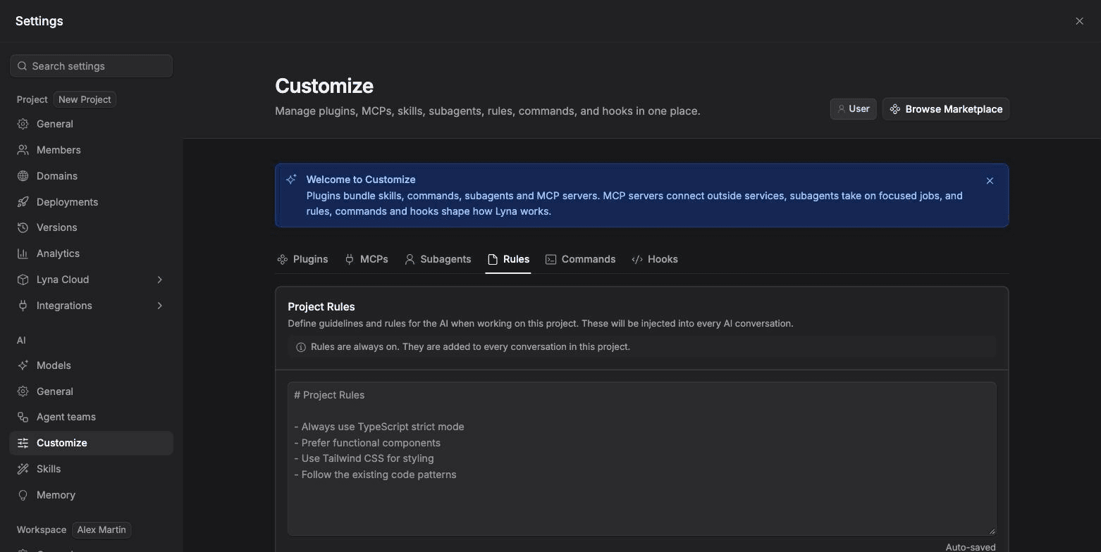 Settings open on Customize, Rules chip, with the Project Rules editor and the Rule Files list.