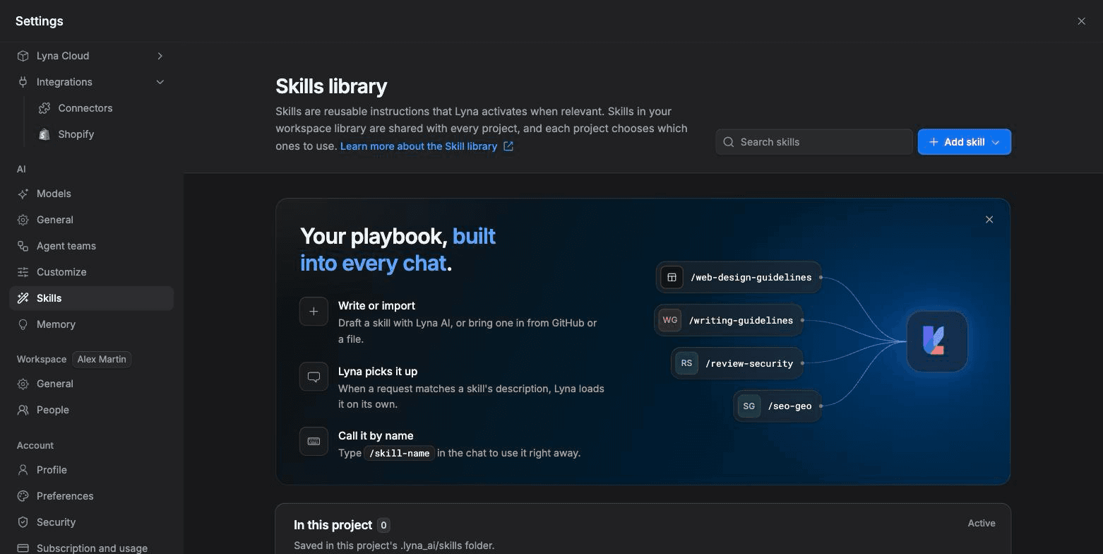 Settings open on Skills with the In this project list, the Workspace library and the built-in skills.