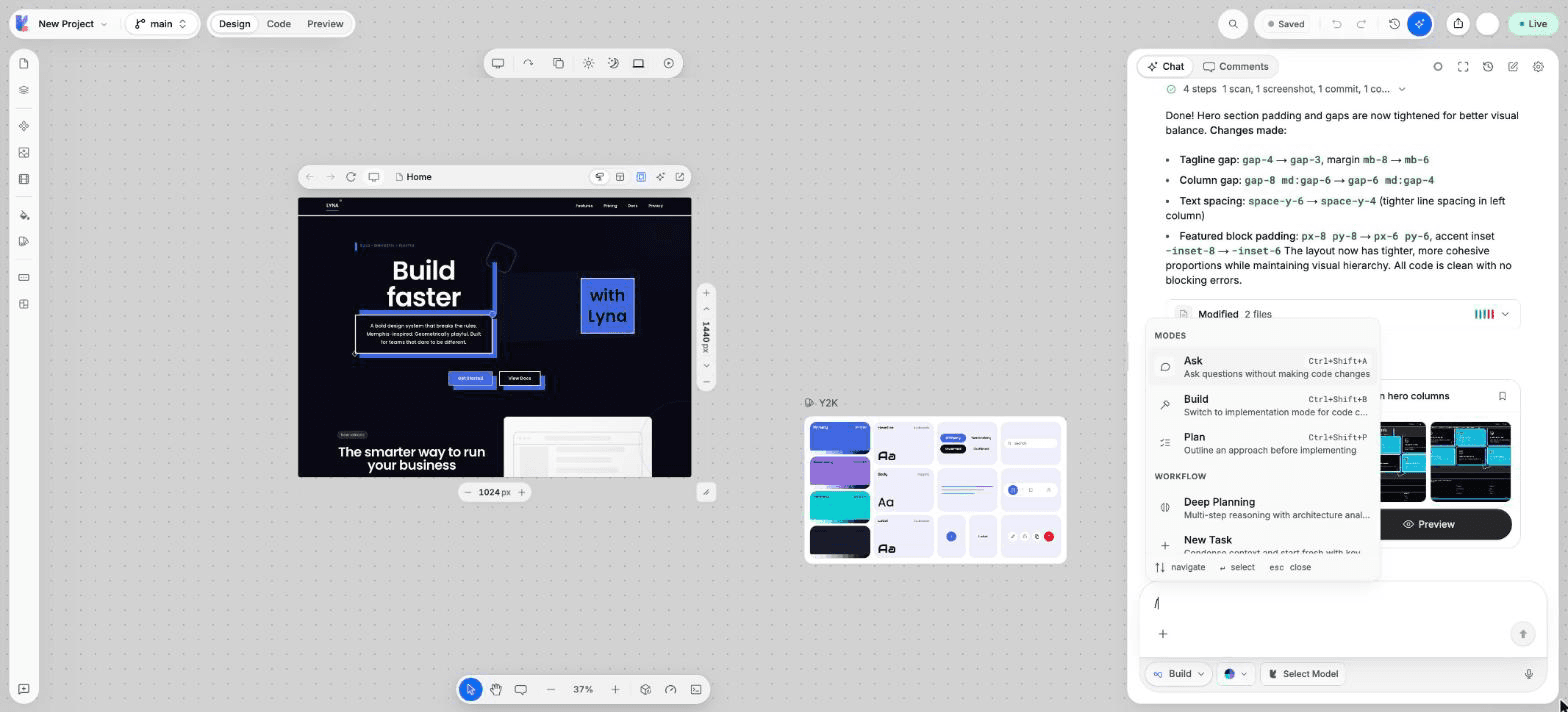 The slash command menu with the Modes, Workflow, Context, Your commands and Actions groups.