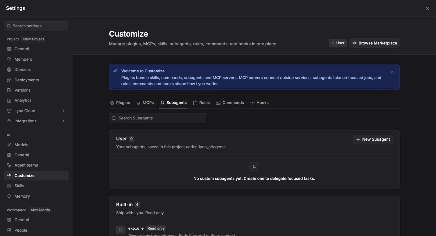 Settings open on Customize, Subagents chip, with the built-in subagents and the New Subagent button.