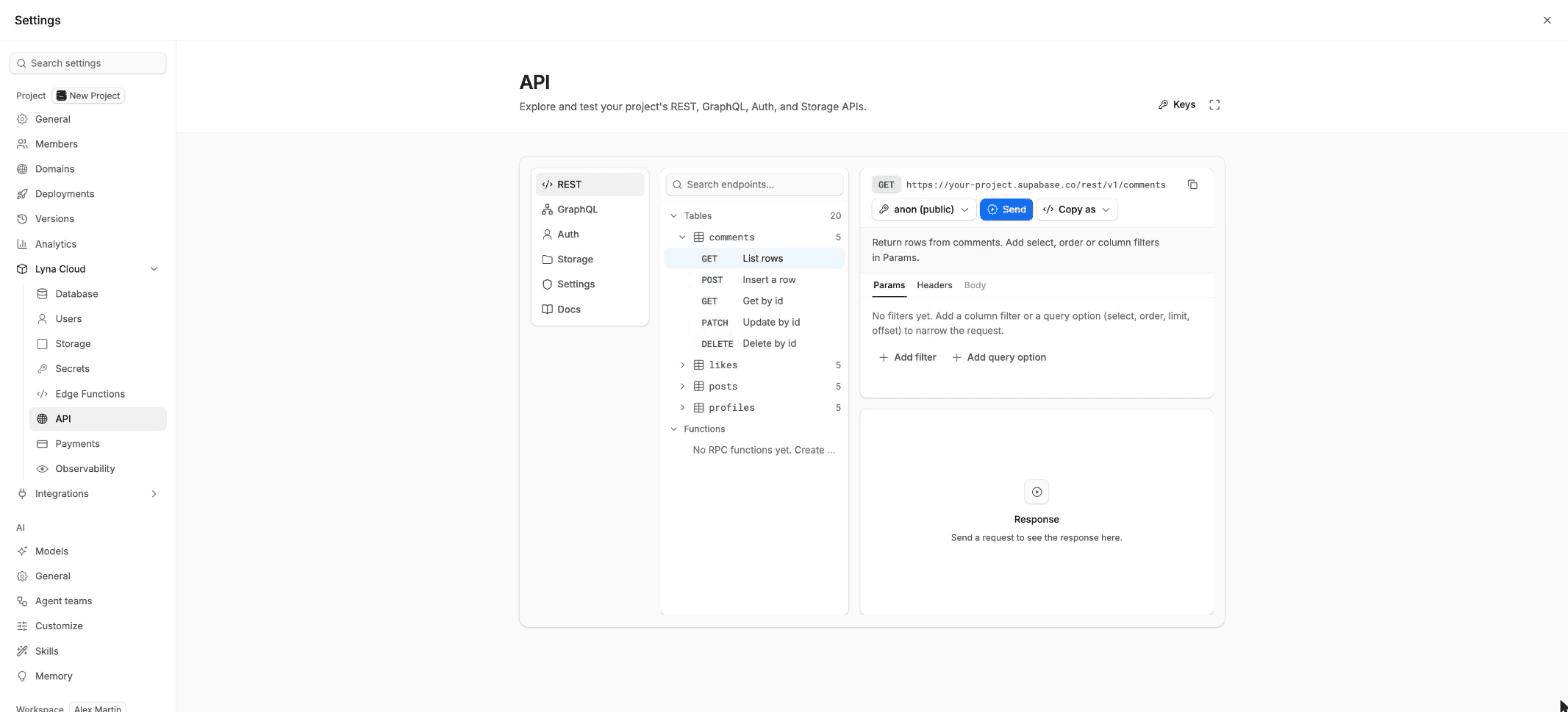 The API studio on REST, with the endpoint list on the left, a request builder and a JSON response.