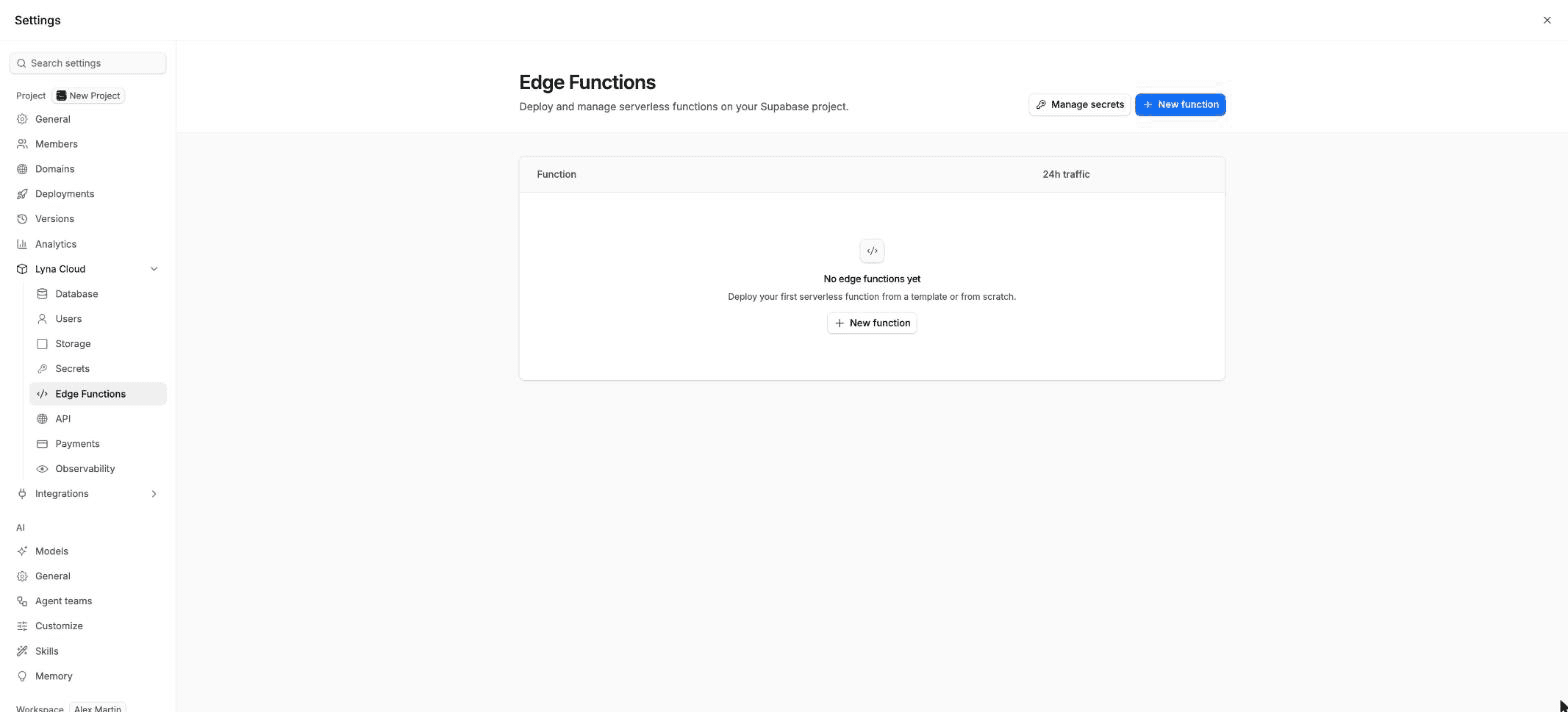 The Edge Functions page with a list of functions, their 24h traffic, status and the New function button.