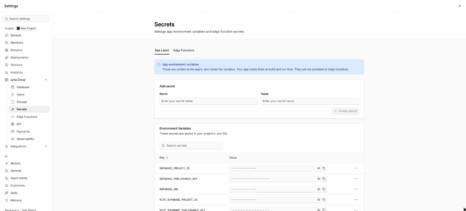 The Secrets page with the App (.env) and Edge Functions scopes and a list of edge function secrets marked Set.