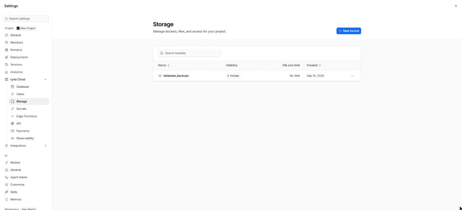 The Storage page with a list of buckets, their visibility and creation date, and the New bucket button.