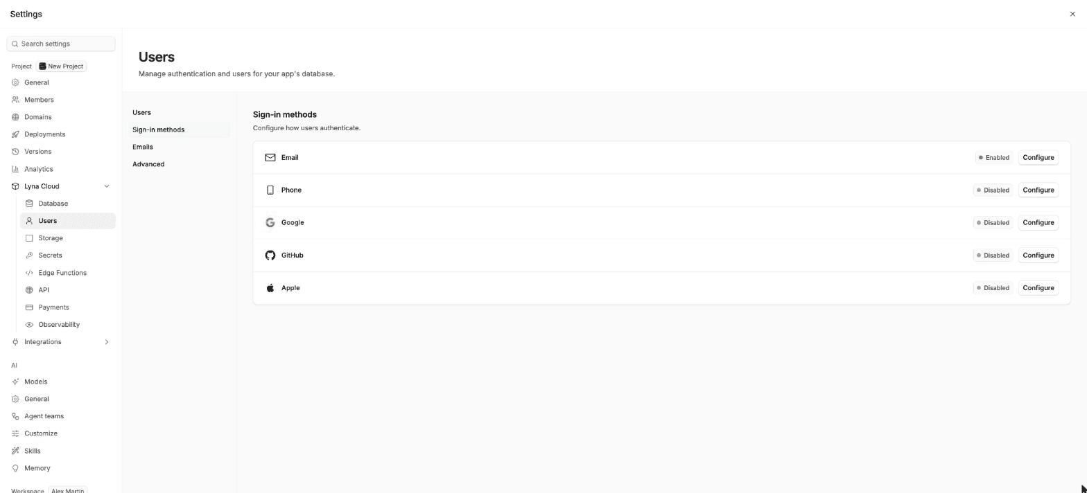 The Sign-in methods section with Email enabled and Phone, Google, GitHub and Apple disabled, each with a Configure button.