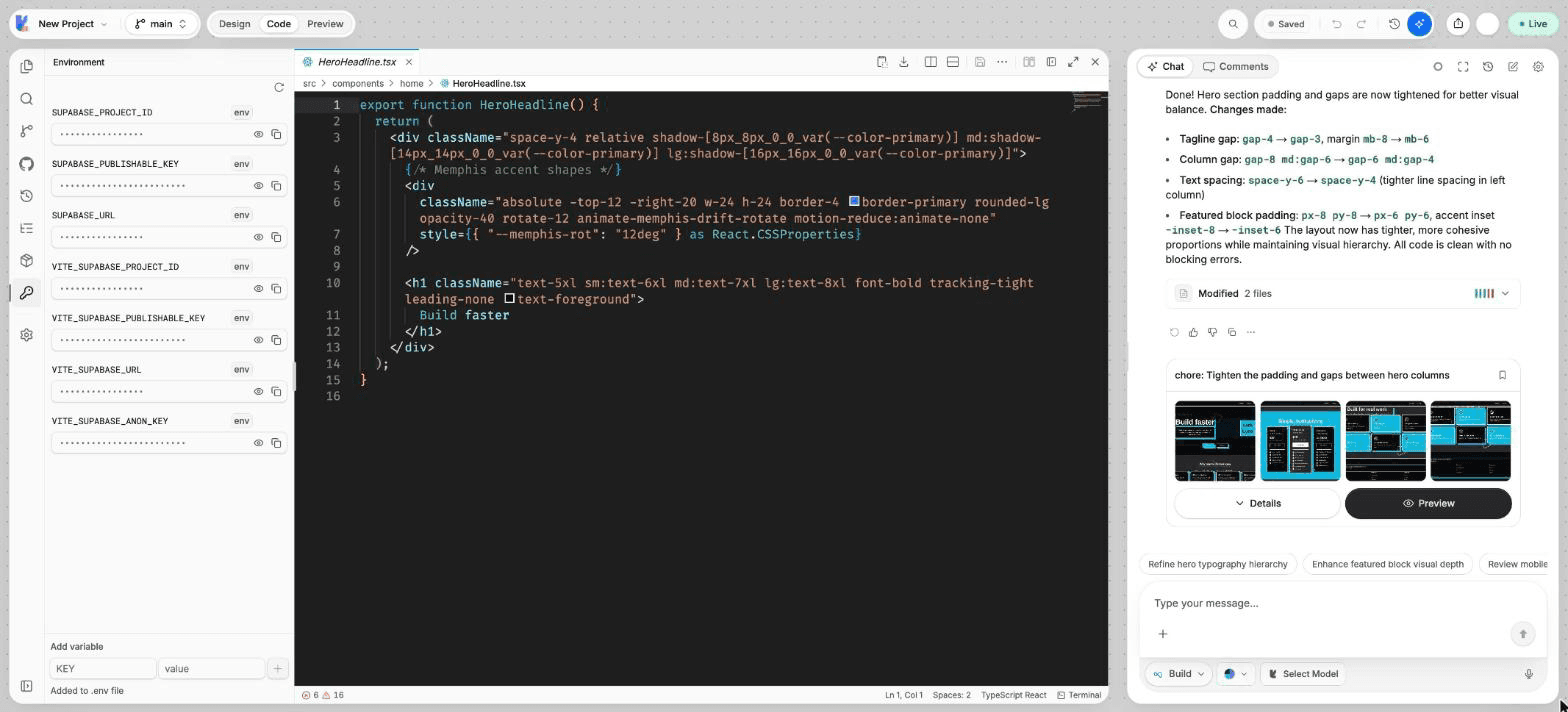The Environment view listing VITE_ variables with hidden values, one value shown, and the Add variable form at the bottom.
