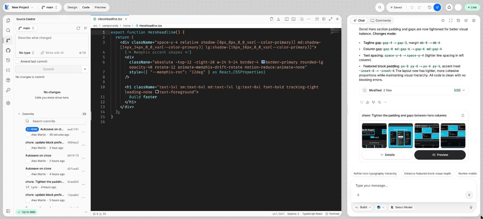 The Source Control view with the branch picker, staged and unstaged changes, the commit message box and the cloud sync footer.