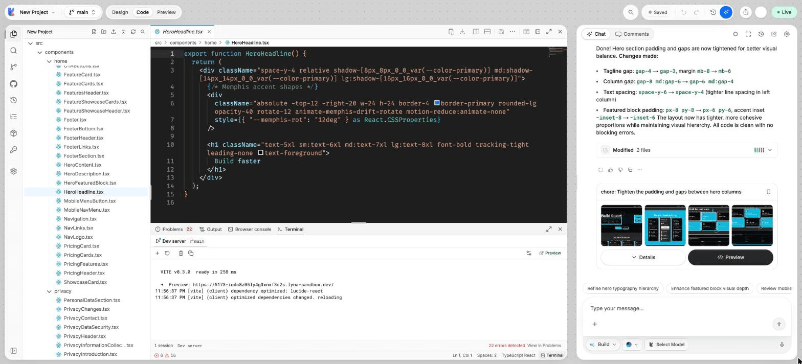 The bottom panel open on the Terminal tab, with the Dev server session and a second shell session, and the terminal actions in the toolbar.