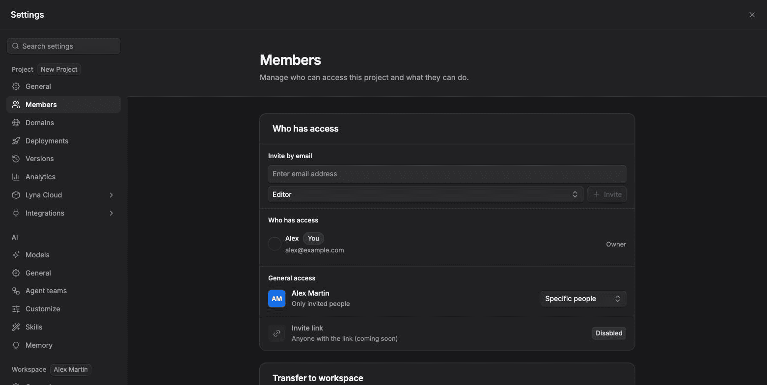 The Members page of project settings with each member, their role and the Transfer to workspace section.