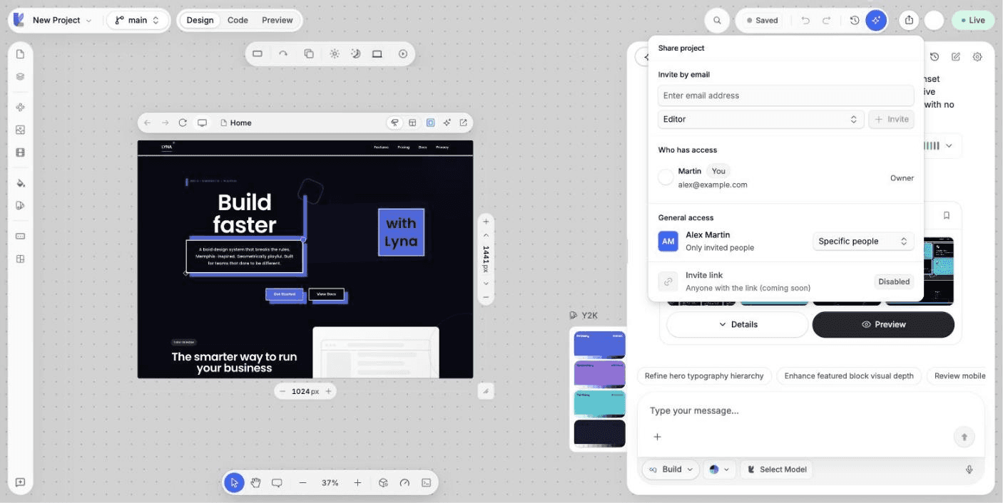 The Share popover in the editor top bar with the invite field, who has access and the general access setting.