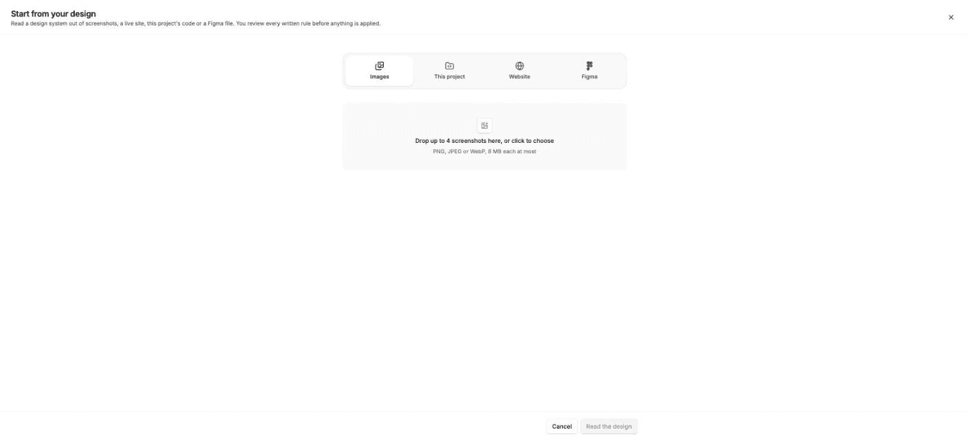 The Start from your design dialog with the Images, Website, This project and Figma sources.