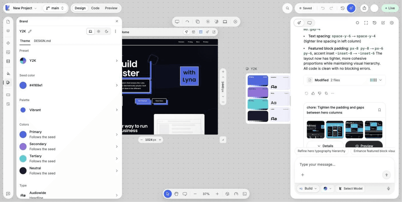The Brand panel on the Theme view with the seed color, palette, colors, type and shape sections.