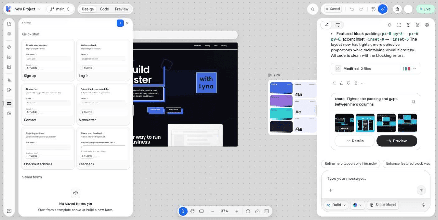 The form builder with the field palette on the left, a contact form in the middle and the field settings on the right.