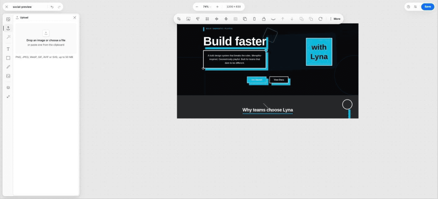 The image studio with the sources rail on the left, a design with a photo and a text layer on the page, and the layer actions bar.