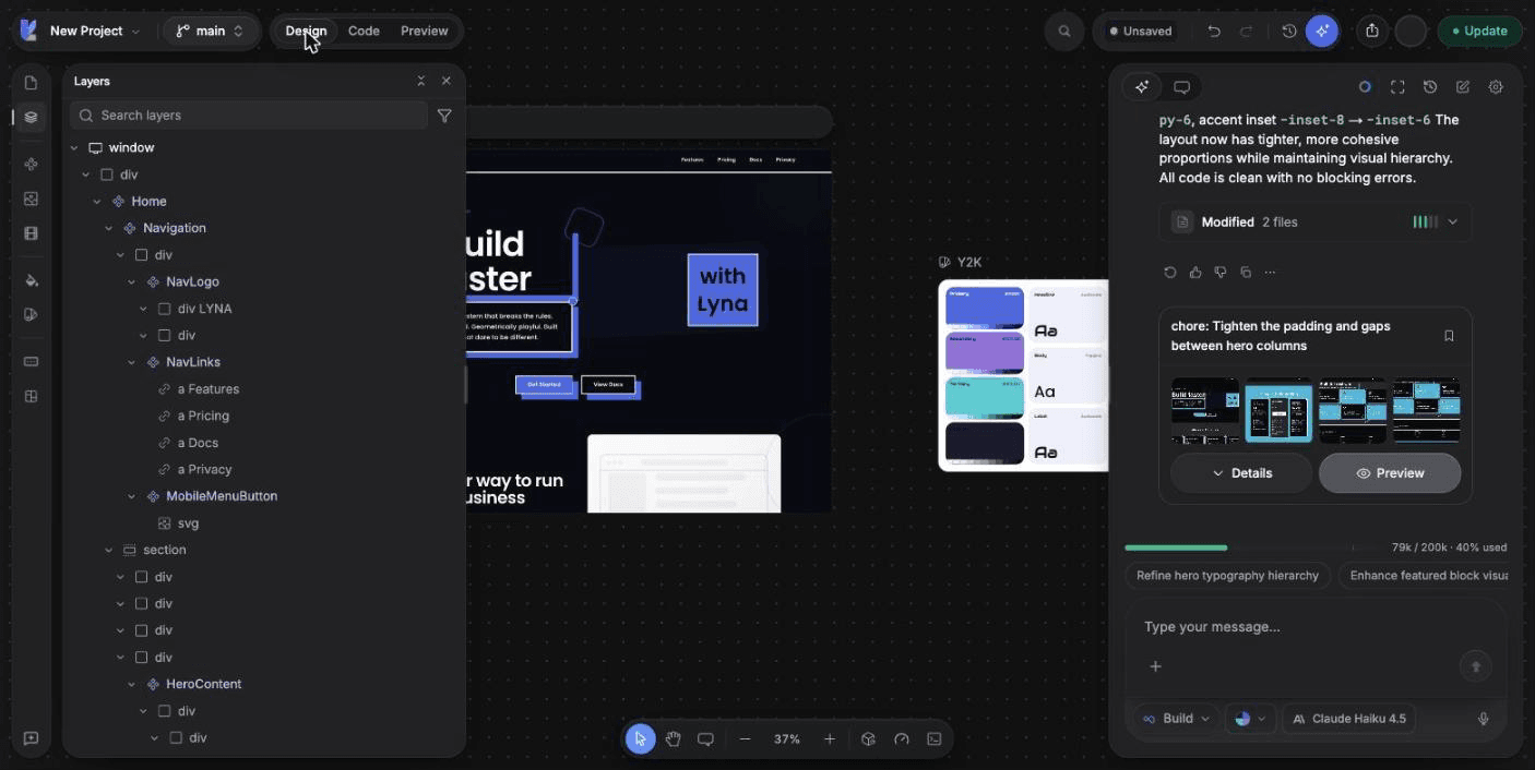 The Layers panel with a nested element tree, one row selected and the eye button on hover.