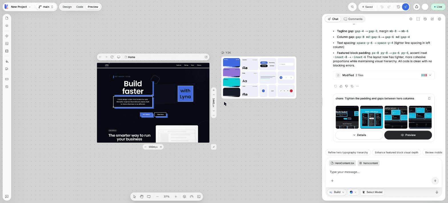 The editor in Preview mode with the Preview toggle active in the top bar and a phone frame showing an open menu.