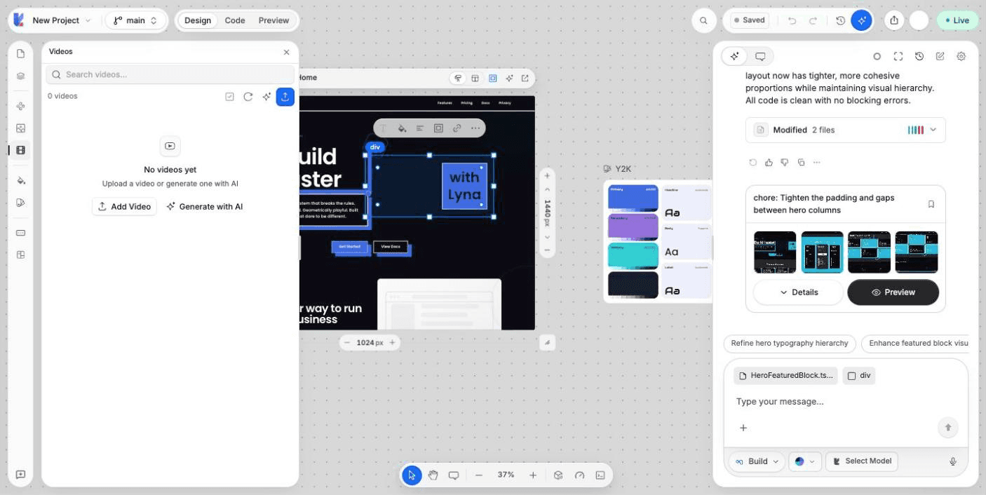 The Videos panel with a few video tiles, one still rendering, and the Add Video button.