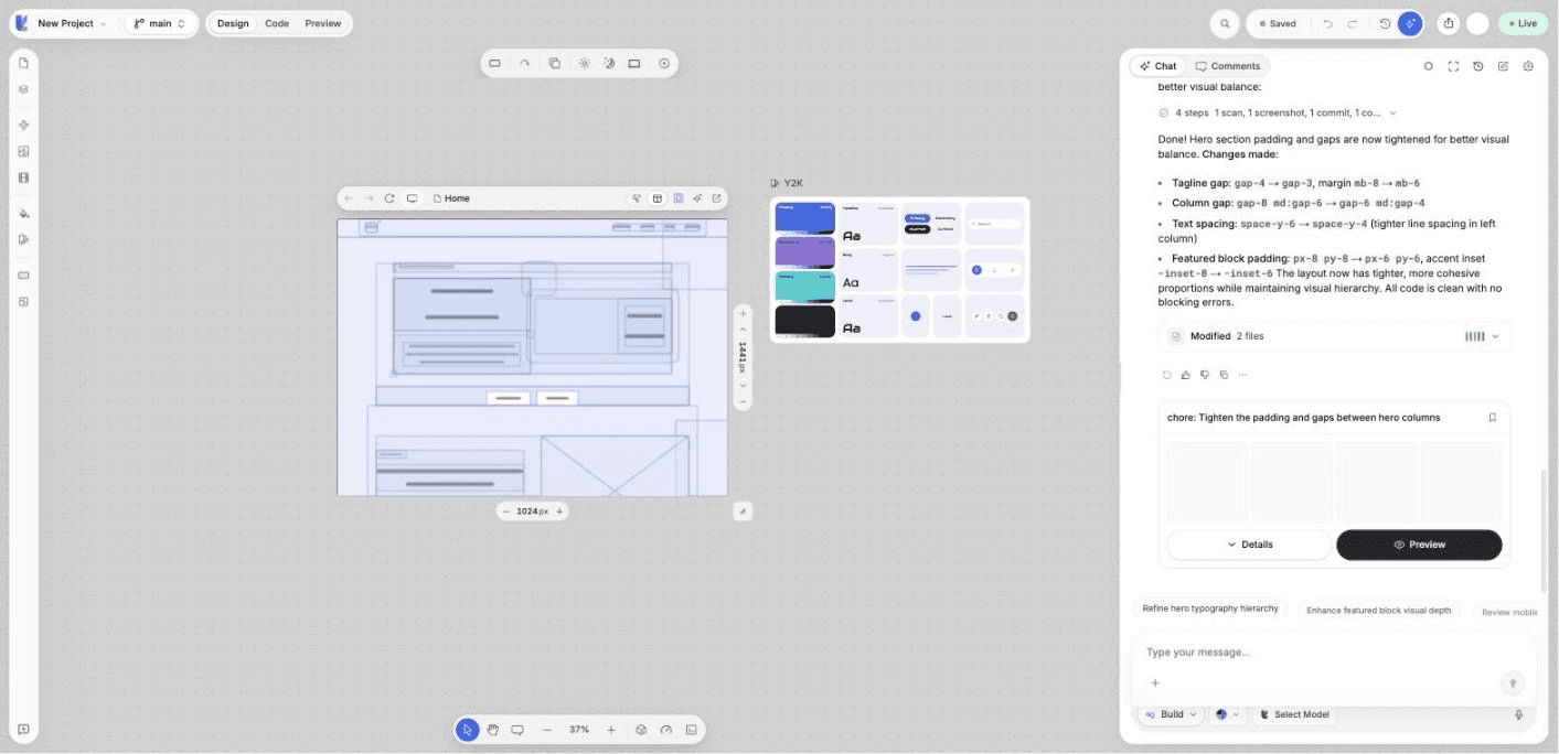 A frame in Wireframe view with its header, hero, sections and footer drawn as labeled blocks.