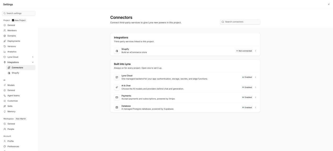 Settings open on Integrations > Connectors with the Shopify tile and the Built into Lyna tiles for Lyna Cloud, Database, Payments and AI & Chat.