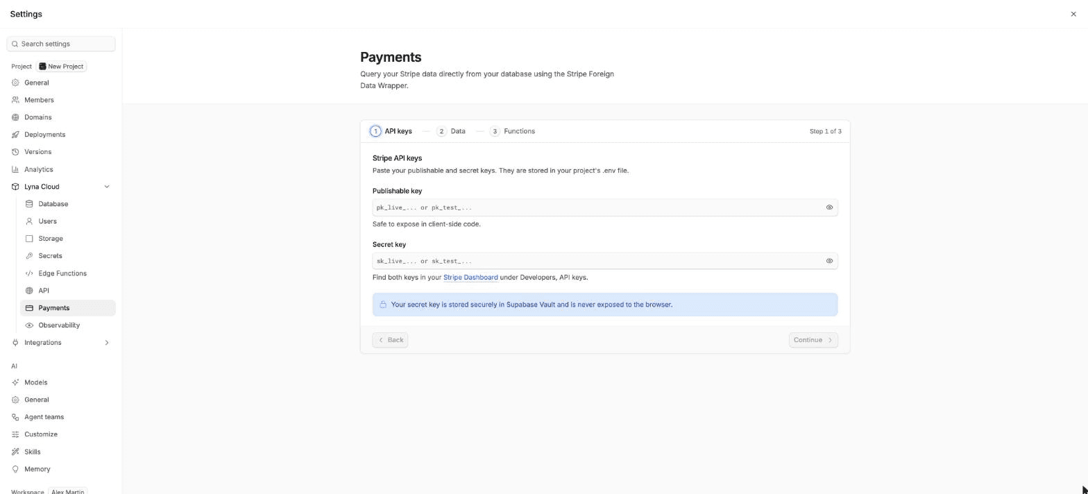 The Payments page on the API keys step of the Stripe setup, with the publishable and secret key fields.