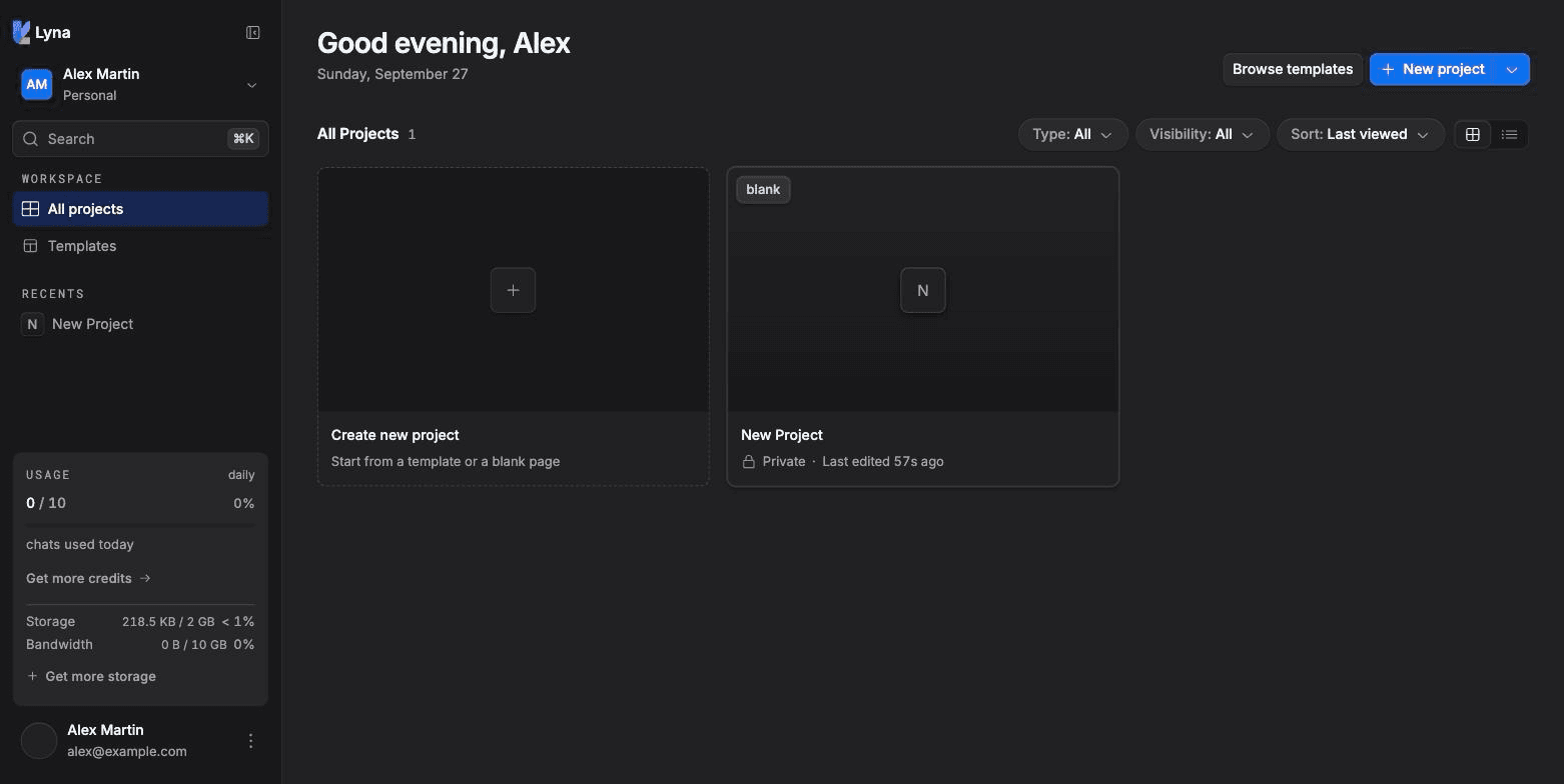 The projects page with the sidebar, the New project button and a grid of project cards.