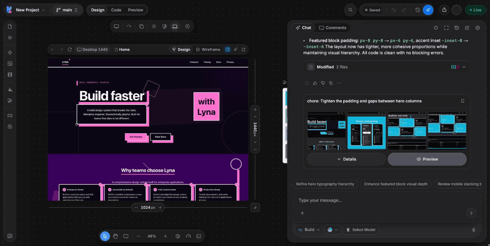 The Lyna editor with the chat on the right, the canvas in the middle and the design panels on the left.