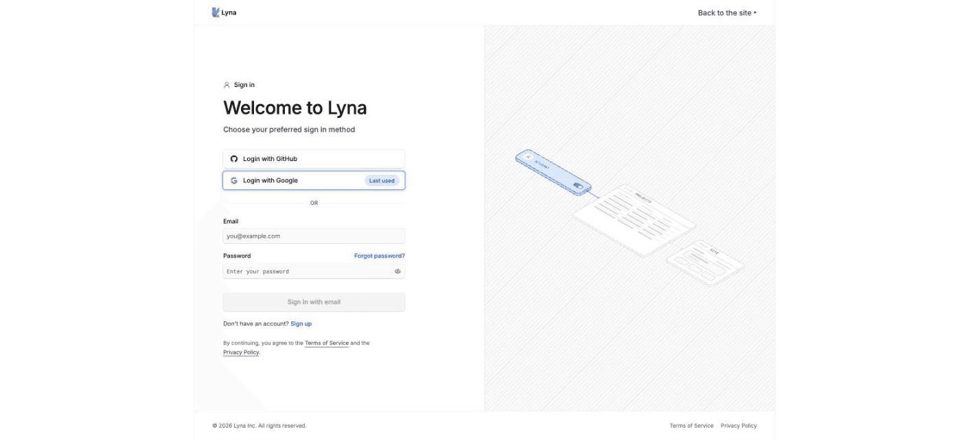 The Lyna sign-in page with the GitHub, Google and email options.