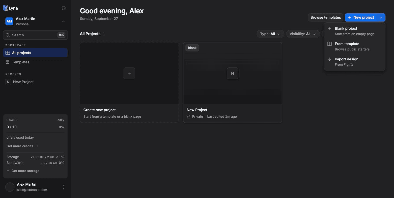 The New project menu with Blank project, From template and Import design.