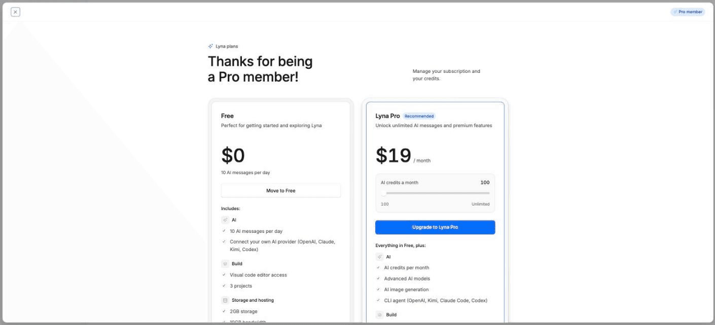The plans dialog with the Free and Pro plans and the credits selector.
