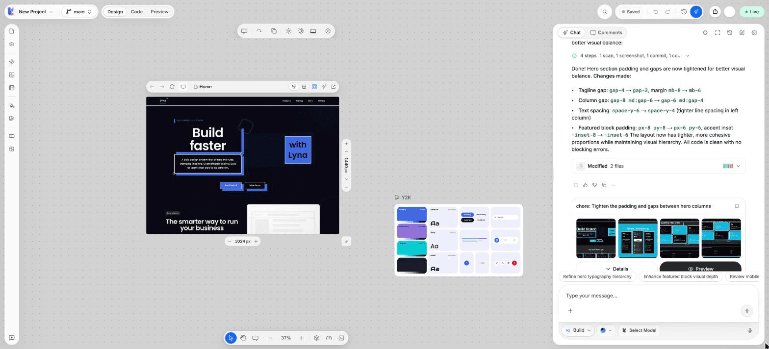 A finished first app on the canvas with the chat turn that built it.
