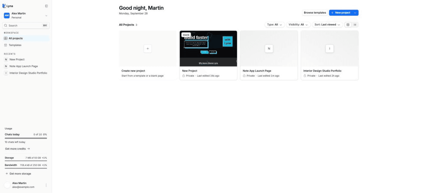 The projects page with several project cards and the New project button.
