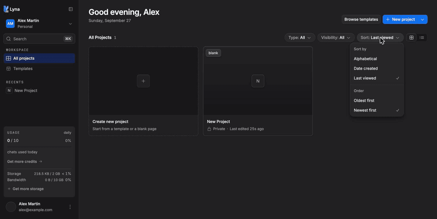 The projects page toolbar with the Type and Visibility filters and the Sort and view menu open.