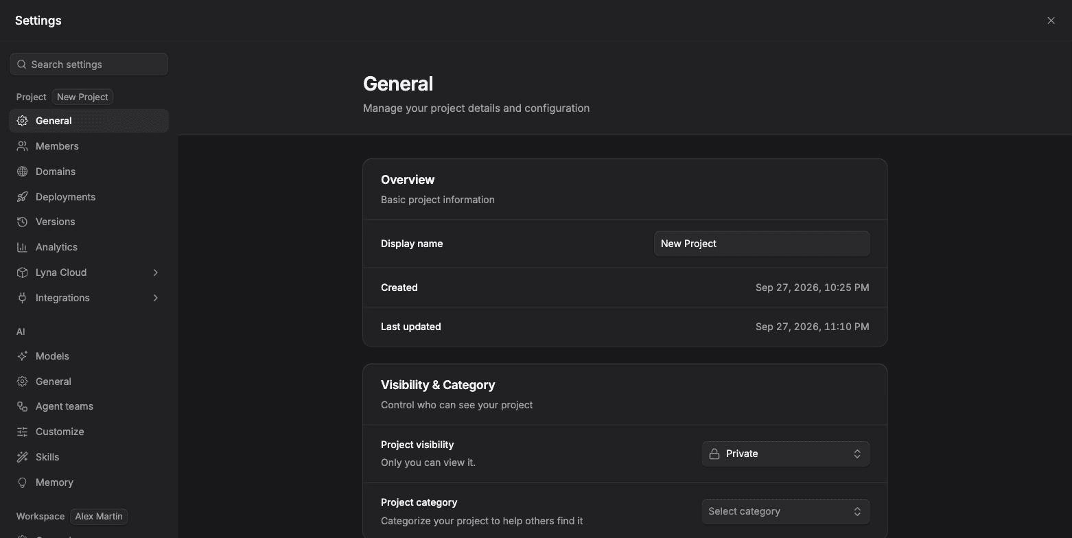 Settings open on Project General with the overview, visibility, tags and SEO sections.